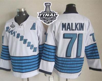 Penguins #71 Evgeni Malkin White Light Blue CCM Throwback 2017 Stanley Cup Final Patch Stitched NHL Jersey