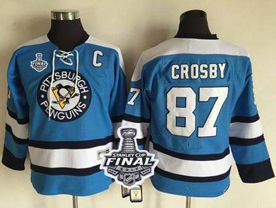 Penguins #87 Sidney Crosby Blue CCM Throwback 2017 Stanley Cup Final Patch Stitched Youth NHL Jersey
