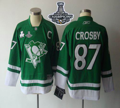 Penguins #87 Sidney Crosby Green St. Patty's Day 2017 Stanley Cup Finals Champions Stitched Youth NHL Jersey