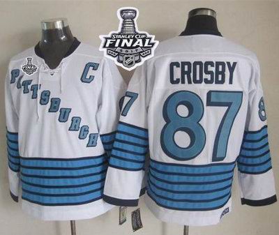 Penguins #87 Sidney Crosby White Light Blue CCM Throwback 2017 Stanley Cup Final Patch Stitched NHL Jersey