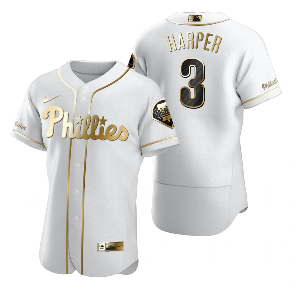 Philadelphia Phillies 3 Bryce Harper White Nike Men's Authentic Golden