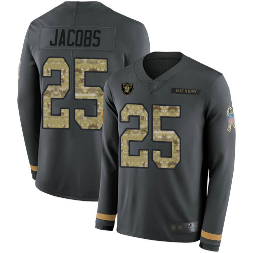 Raiders #25 Josh Jacobs Anthracite Salute to Service Youth Stitched Football Limited Therma Long Sleeve Jersey