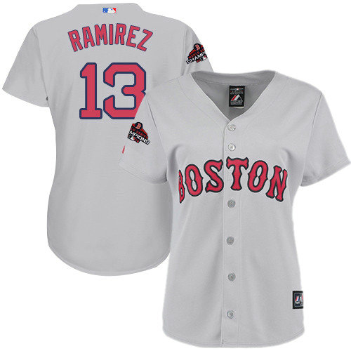 Red Sox #13 Hanley Ramirez Grey Road 2018 World Series Champions Women's Stitched MLB Jersey