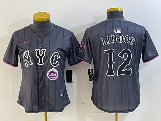 Women's New York Mets #12 Francisco Lindor Graphite 2024 City Connect Limited Stitched Baseball Jersey