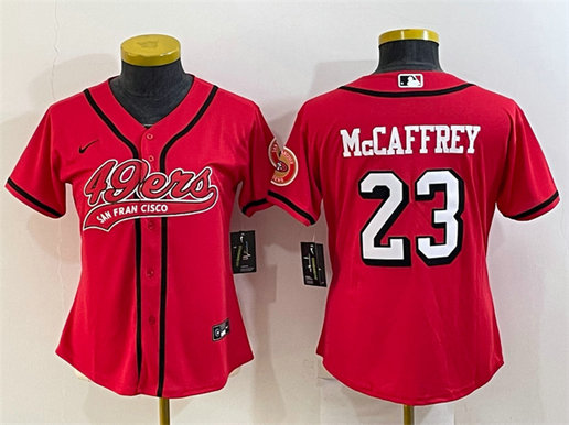 Women's San Francisco 49ers #23 Christian McCaffrey New Red With Patch Cool Base Stitched Baseball Jersey1