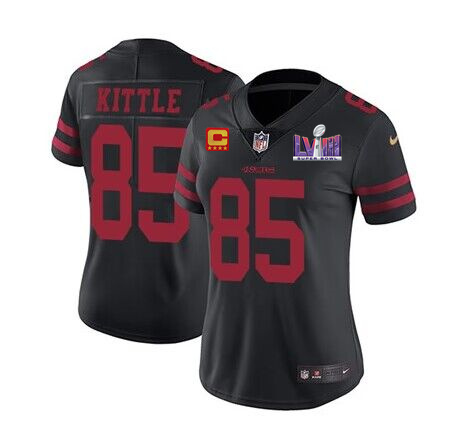 Women's San Francisco 49ers #85 George Kittle Black Super Bowl LVIII Patch And 4-star C Patch Vapor Untouchable Limited Stitched Jersey