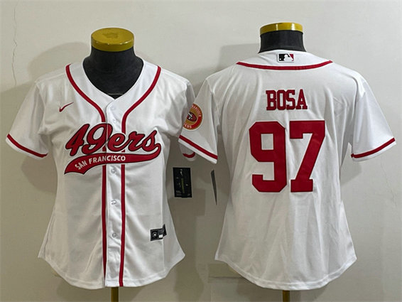 Women's San Francisco 49ers #97 Nick Bosa White With Patch Cool Base Stitched Baseball Jersey