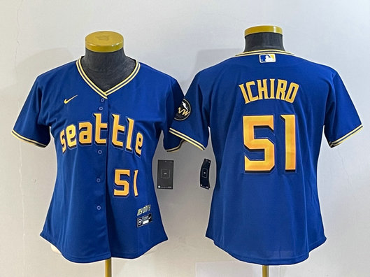 Women's Seattle Mariners #51 Ichiro Suzuki Royal 2023 City Connect With Patch Stitched Baseball Jersey