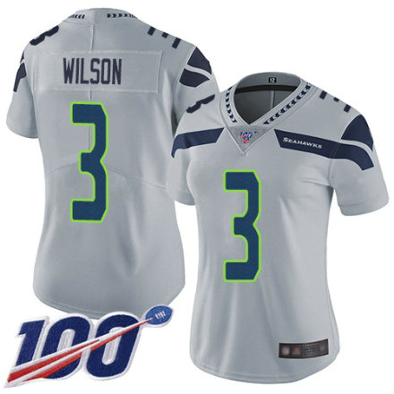 Women's Seattle Seahawks #3 Russell Wilson Grey Alternate Vapor Untouchable Limited Player 100th Season Football Jersey