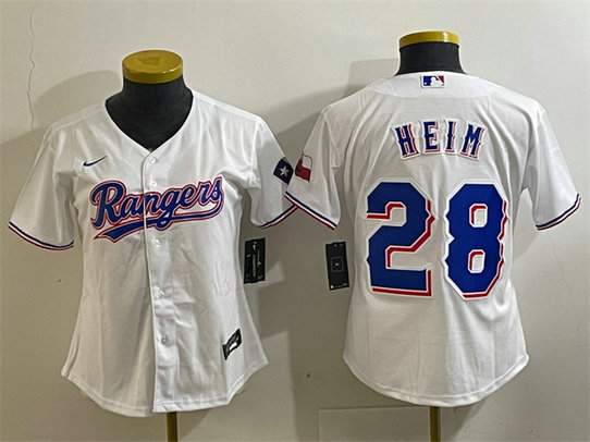 Women's Texas Rangers #28 Jonah Heim White With Patch Stitched Baseball Jersey
