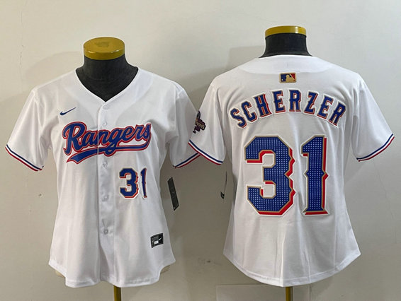 Women's Texas Rangers #31 Max Scherzer White Gold Stitched Baseball Jersey(Run Small) 1