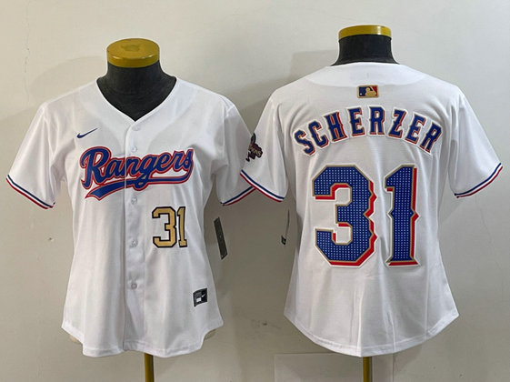 Women's Texas Rangers #31 Max Scherzer White Gold Stitched Baseball Jersey(Run Small) 4