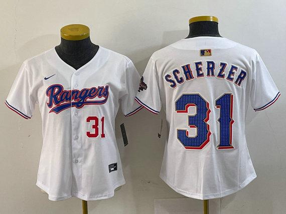Women's Texas Rangers #31 Max Scherzer White Gold Stitched Baseball Jersey(Run Small) 8