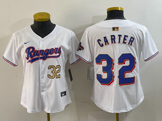 Women's Texas Rangers #32 Evan Carter White Gold Stitched Baseball Jersey(Run Small) 3
