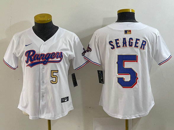 Women's Texas Rangers #5 Corey Seager White Gold Stitched Baseball Jersey(Run Small) 1