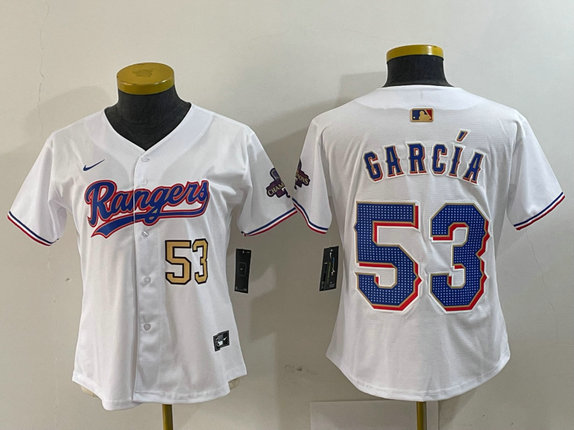 Women's Texas Rangers #53 Adolis Garcia White Gold Stitched Baseball Jersey(Run Small) 3