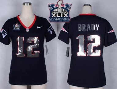Women New England Patriots 12 Tom Brady Navy Blue Super Bowl XLIX Champions Patch Stitched NFL Handwork Sequin Lettering Jersey
