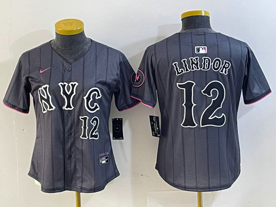 Women New York Mets #12 Francisco Lindor Graphite 2024 City Connect Limited Stitched Baseball Jersey 2