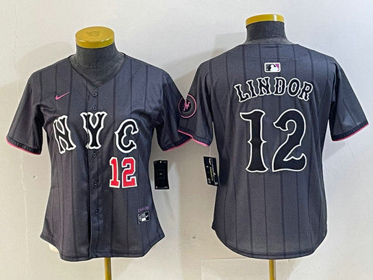 Women New York Mets #12 Francisco Lindor Graphite 2024 City Connect Limited Stitched Baseball Jersey 4