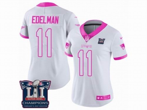 Women Nike New England Patriots #11 Julian Edelman Limited White Pink Rush Fashion Super Bowl LI Champions NFL Jersey