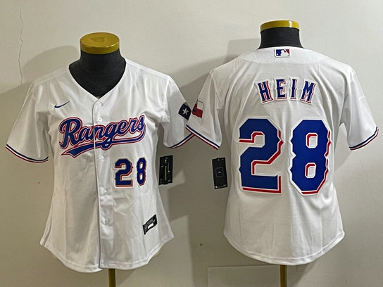 Women Texas Rangers #28 Jonah Heim White With Patch Stitched Baseball Jersey