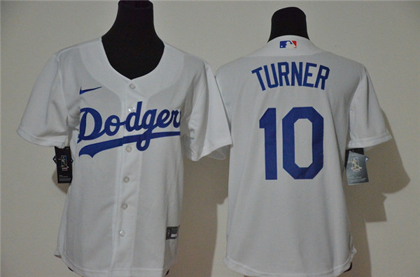 Youth Dodgers 10 Justin Turner White Youth 2020 Nike Cool Base Jersey
