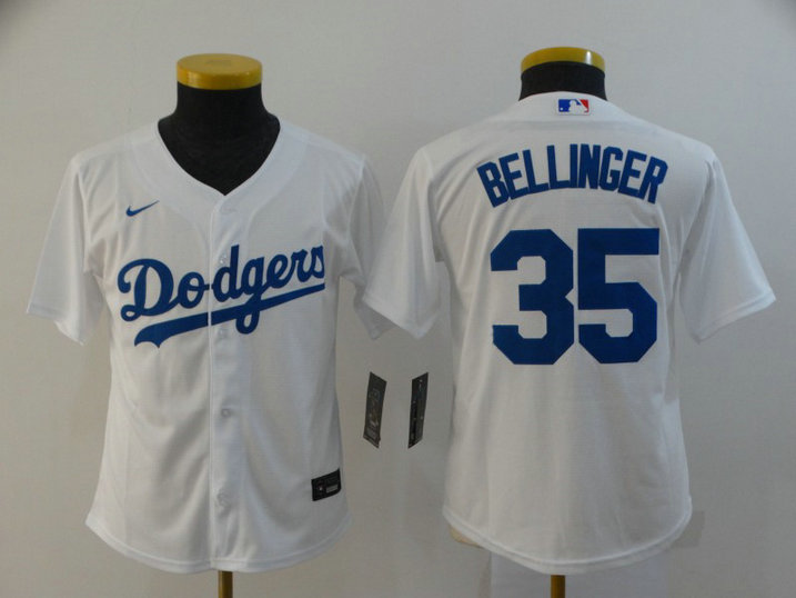 Youth Dodgers 35 Cody Bellinger White Youth 2020 Nike Cool Base Jersey