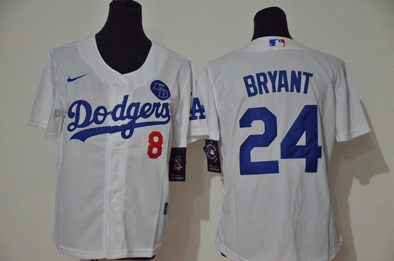 Youth Los Angeles Dodgers #8 #24 Kobe Bryant Youth Nike White Cool Base 2020 KB Patch MLB Jersey