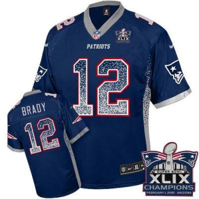 Youth New England Patriots 12 Tom Brady Navy Blue Team Color Super Bowl XLIX Champions Patch Stitched NFL Drift Fashion Jersey
